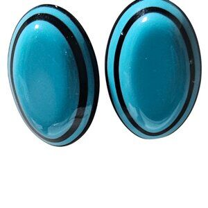 Vintage Oval Blue Black Striped Enamel Post Earrings Retro 50s 60s Fashion Women